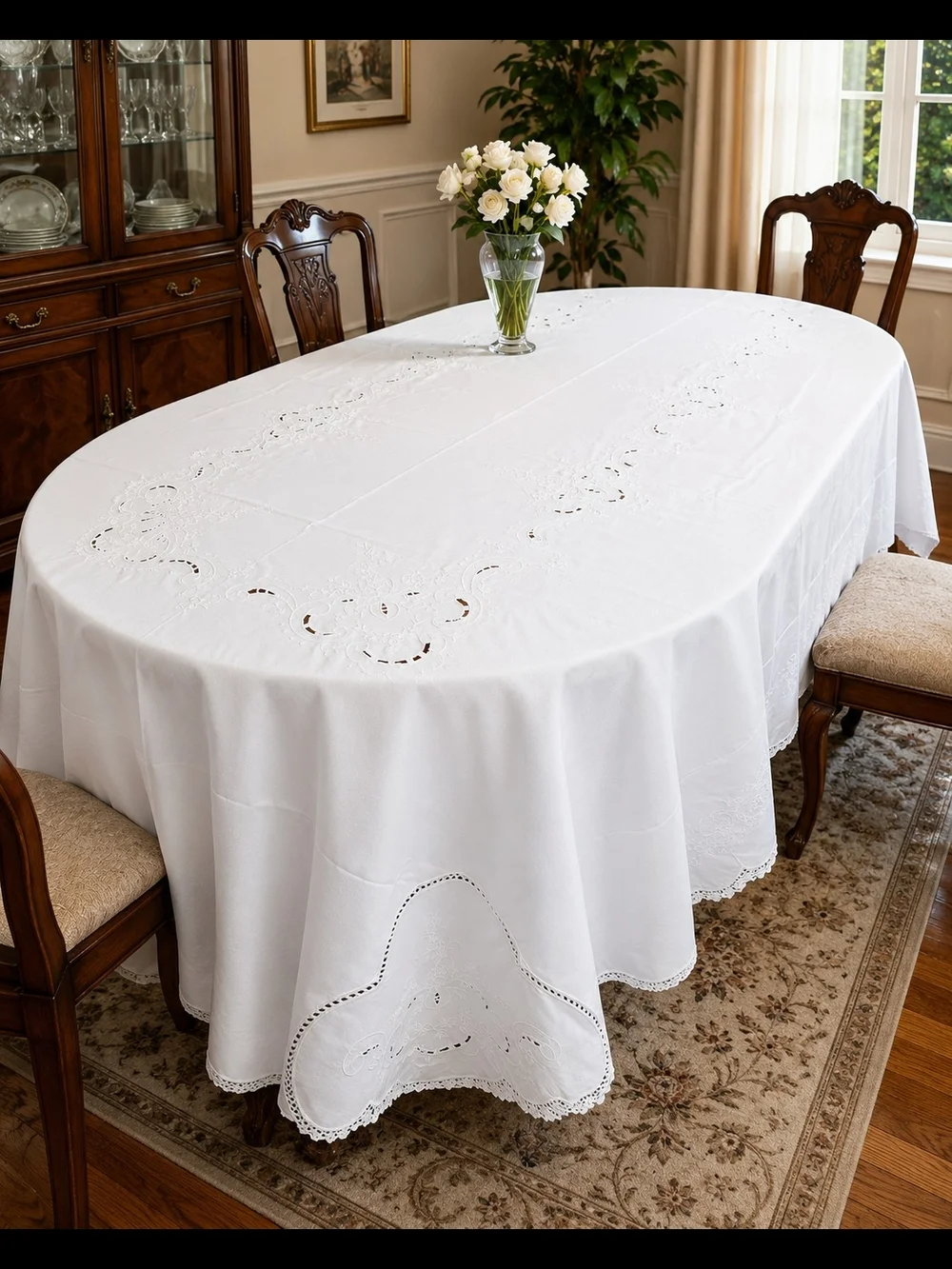 VTG Handmade White Cotton Rectangular Cutwork Embroidered  Tablecloth 230x64